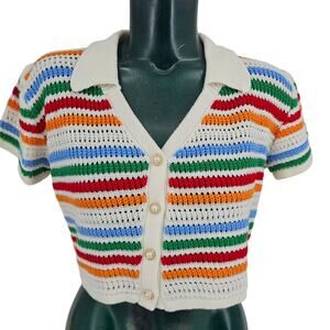 Rainbow striped Crocheted Knit Crop Cardigan Top Blouse Size XL Rainbowcore 3654